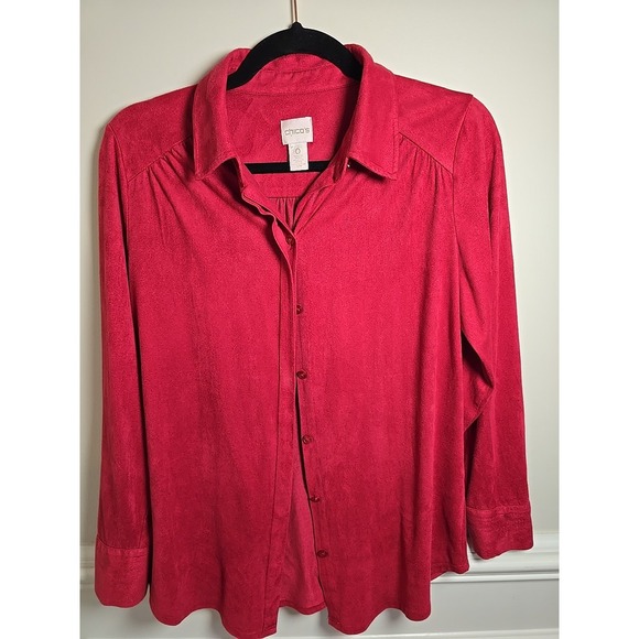 Chico's Shirt Red Long Sleeve Button Up Shirt Size S Faux Suede Collared - Picture 1 of 16